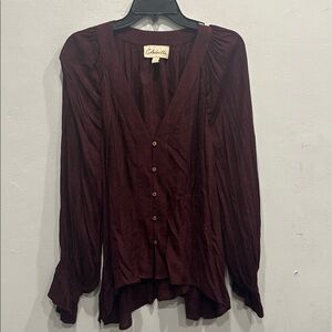 Cleobella Button Down Blouse shirt small burgundy red brown flowy v-neck peasant